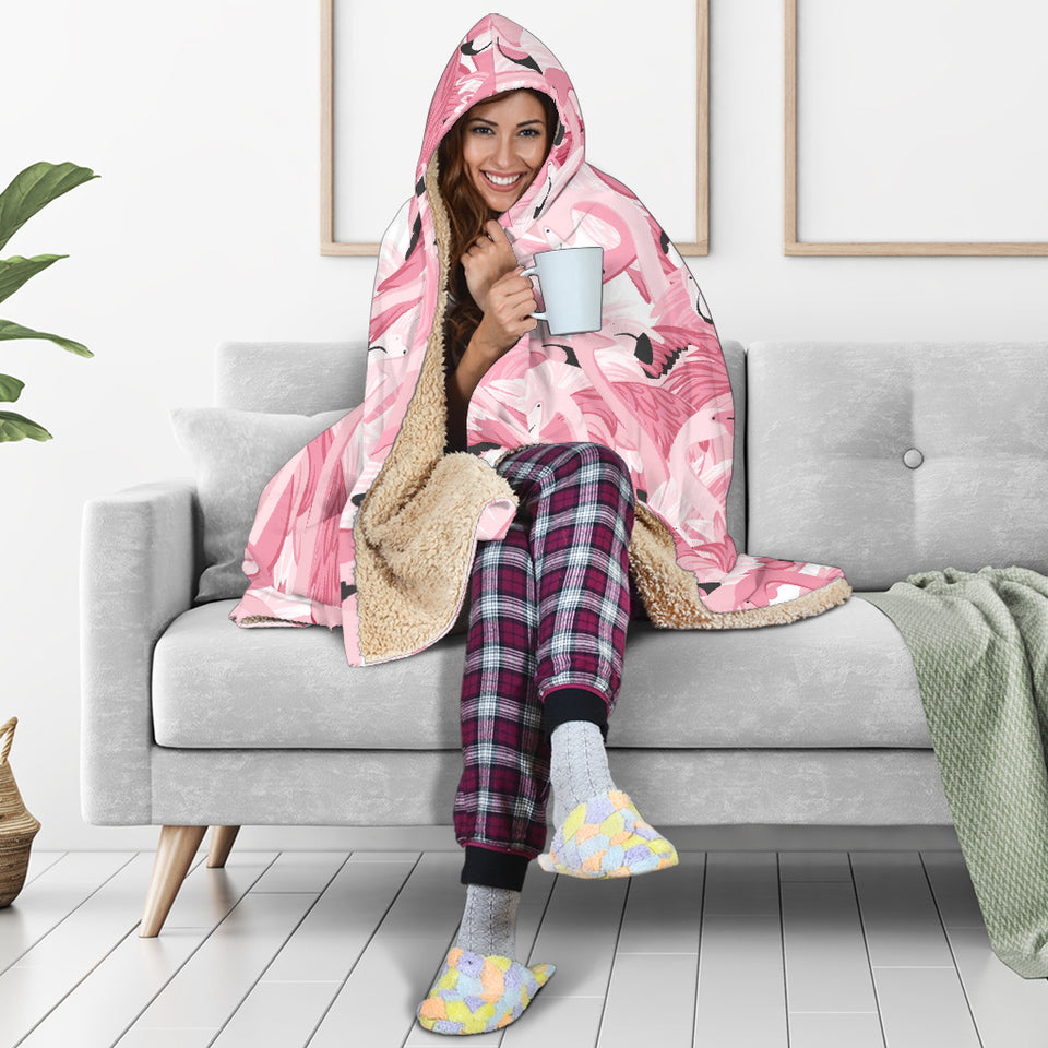 Pink Flamingos Pattern Background Hooded Blanket