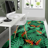 Heliconia Flower Palm Monstera Leaves Black Background Area Rug