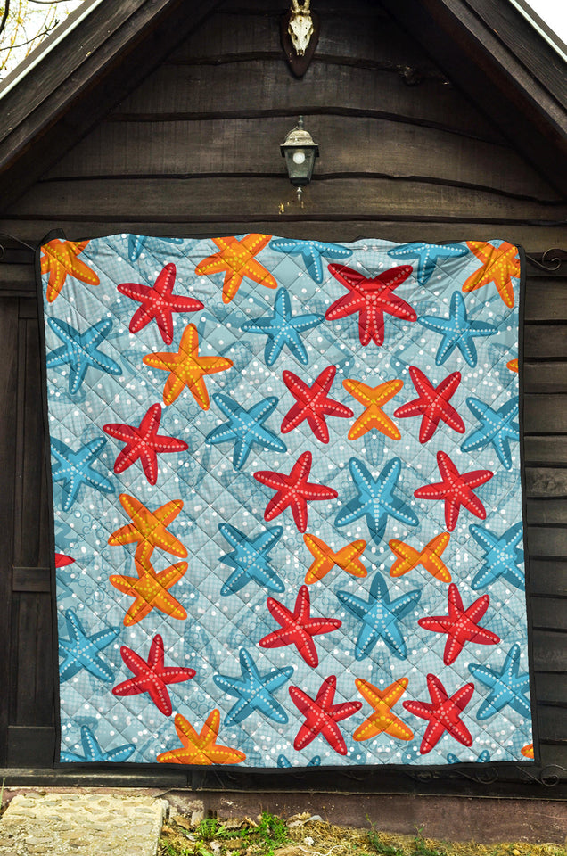 Blue Red Orange Starfish Pattern Premium Quilt