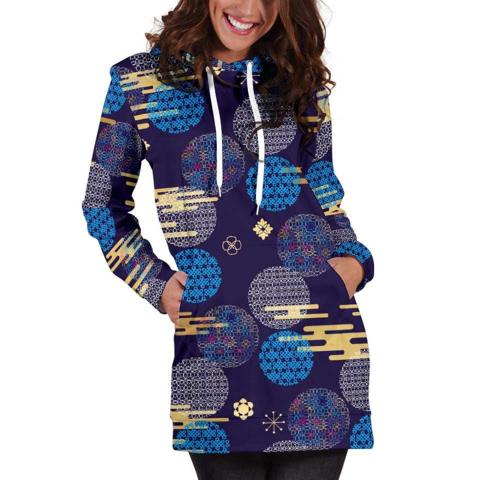 Blue Japanese Pattern Cloud Wave Flower Women'S Hoodie Dress