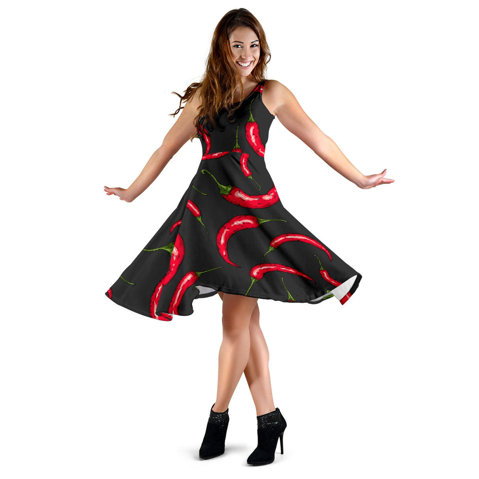 Chili Peppers Pattern Black Background Sleeveless Midi Dress