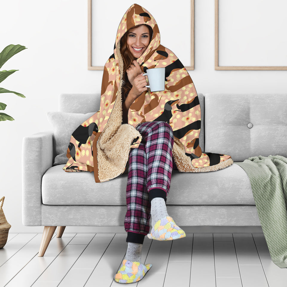 Dachshund Floral Background Hooded Blanket