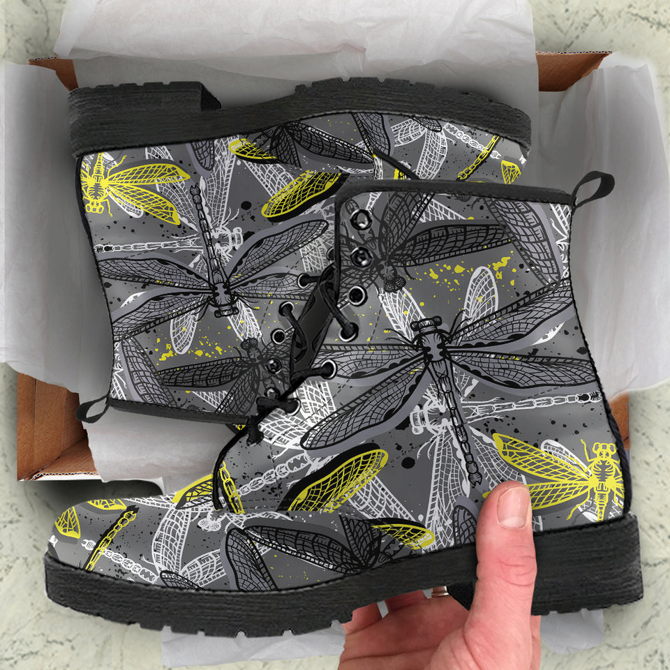Hand Drawn Dragonfly Pattern Leather Boots
