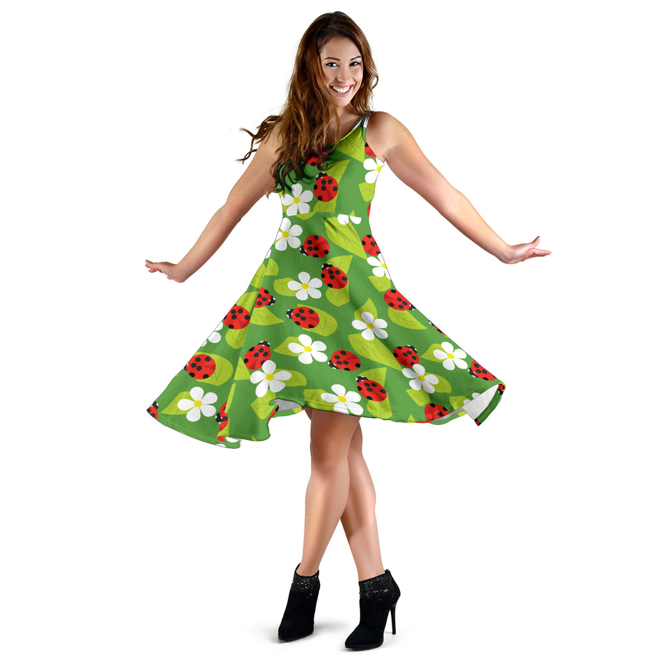 Ladybug Pattern Print Design 01 Sleeveless Midi Dress