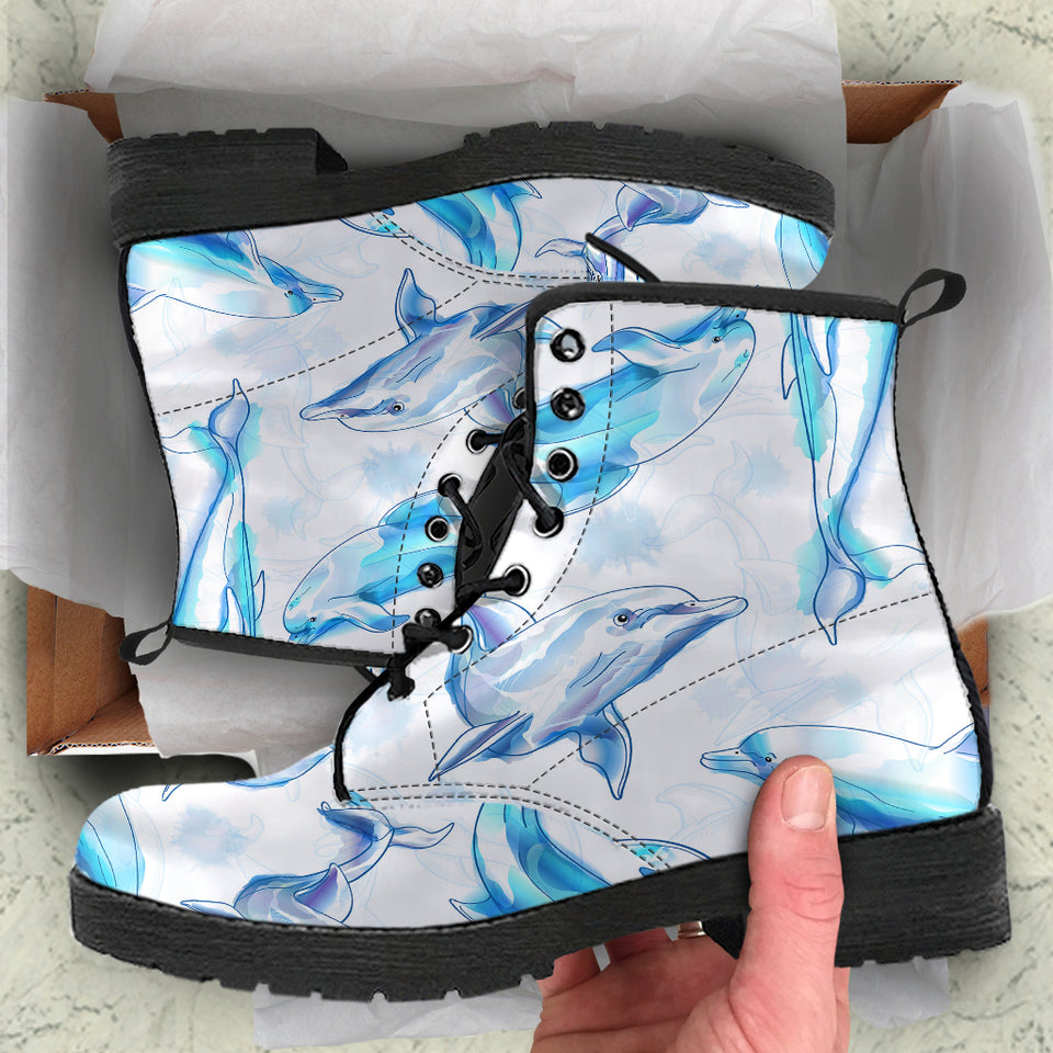 Watercolor Dolphin Pattern Leather Boots