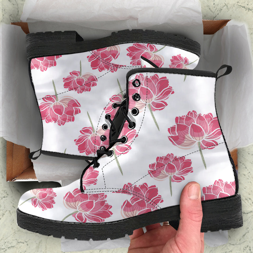 Pink Lotus Waterlily Pattern Leather Boots