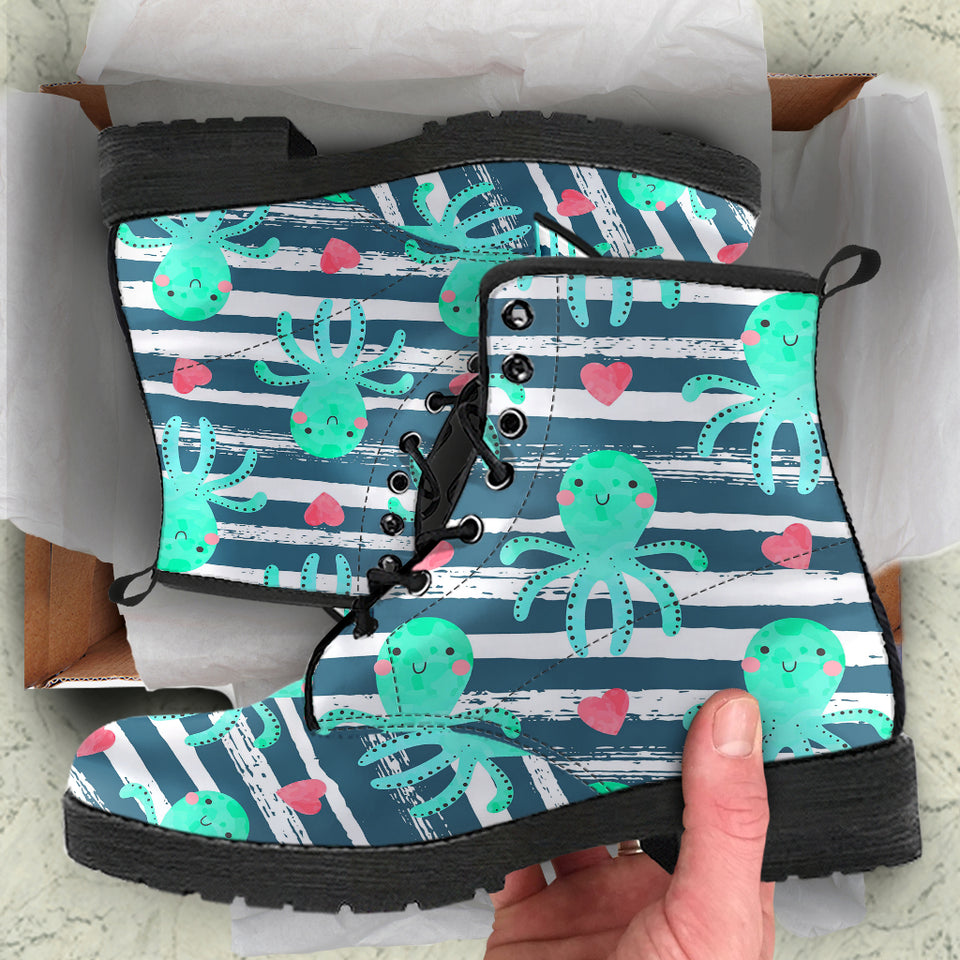 Cute Octopuses Heart Striped Background Leather Boots