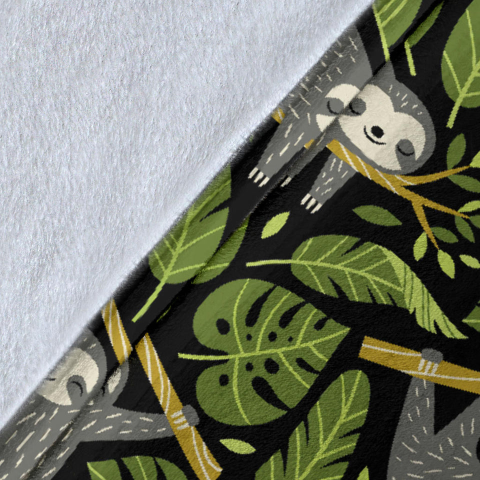 Cute Sloths Tropical Palm Leaves Black Background Premium Blanket