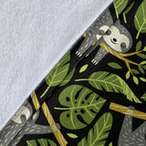 Cute Sloths Tropical Palm Leaves Black Background Premium Blanket