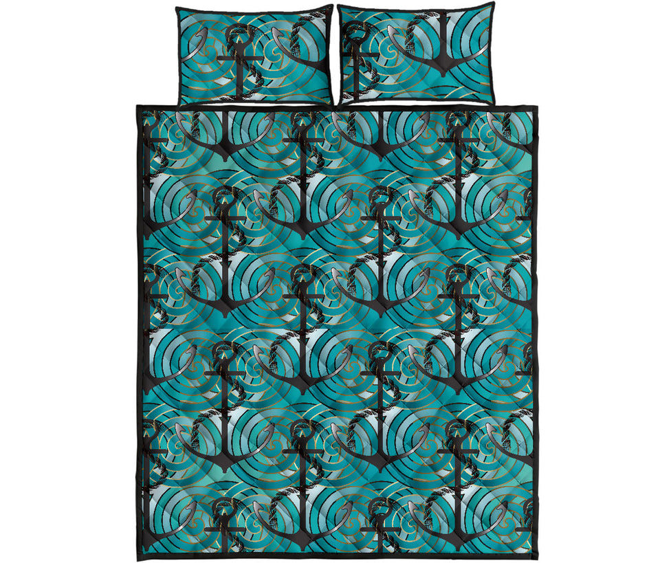 Anchor nautical green background Quilt Bed Set