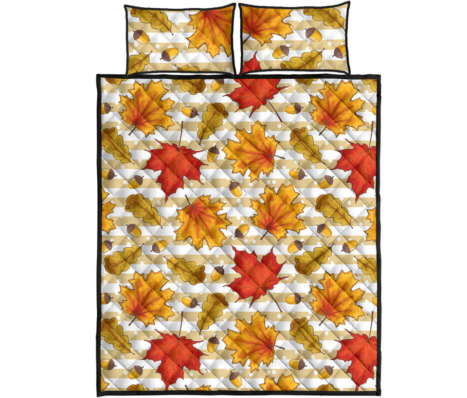 Maple leaf oak leaf acorns beige striped background Quilt Bed Set