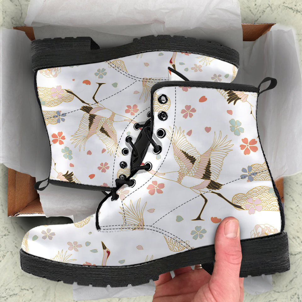 Beautiful Japanese Cranes Pattern Leather Boots