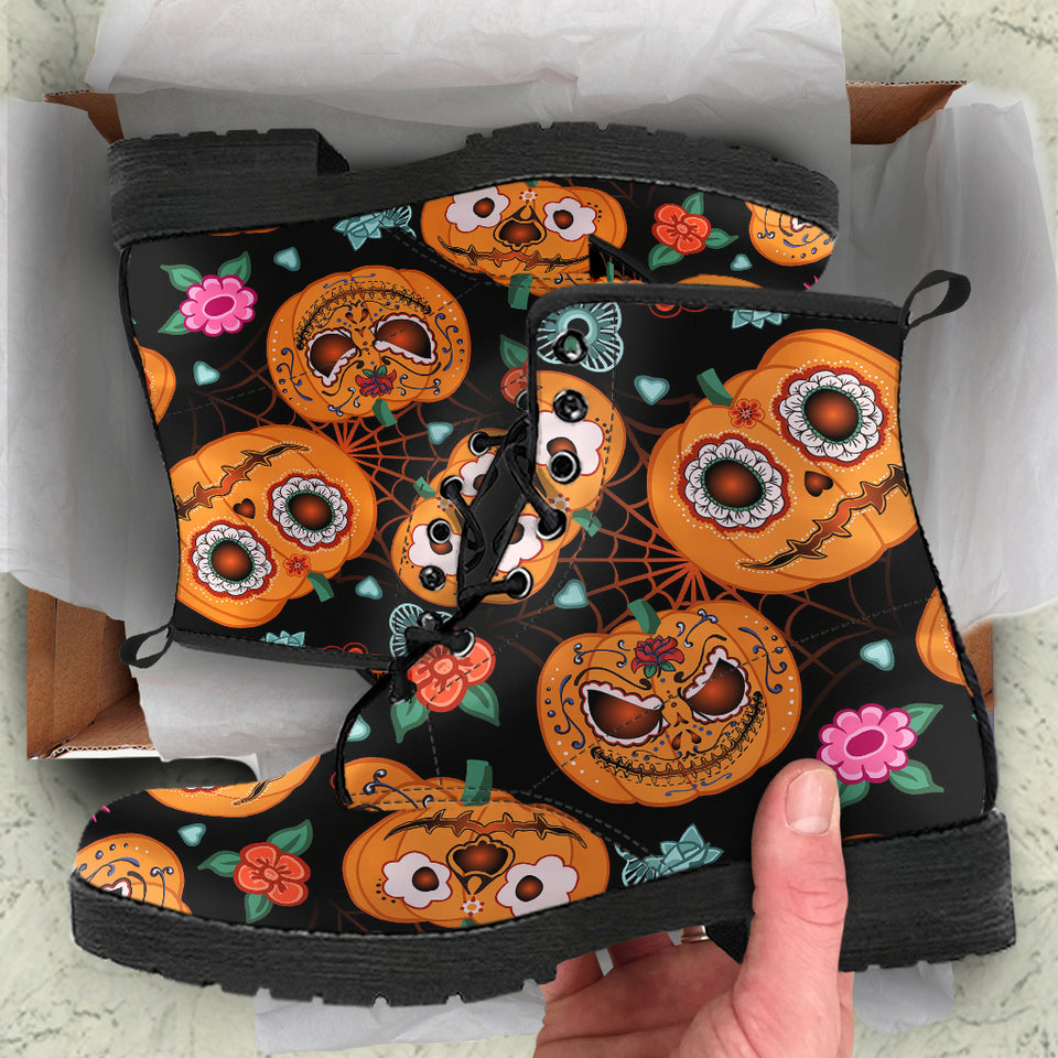 Pumpkin Flowers Spiderweb Halloween Theme Leather Boots