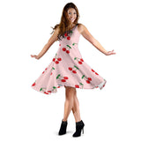 Cherry Pattern Pink Background Sleeveless Midi Dress