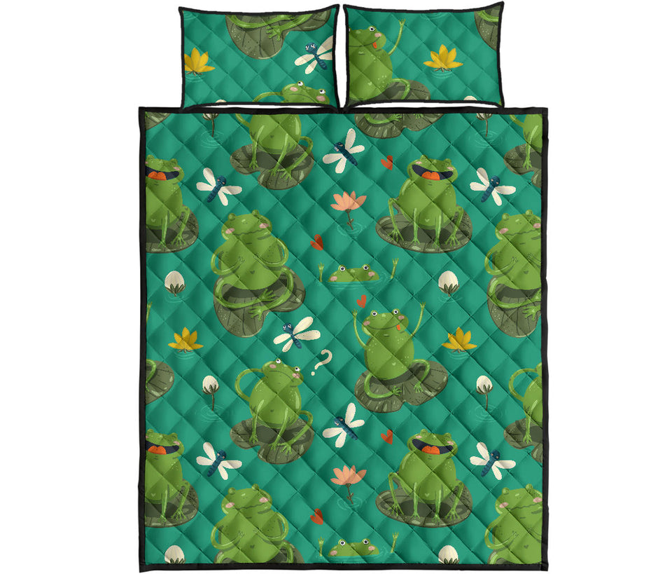 Cute frog dragonfly design pattern Quilt Bed Set