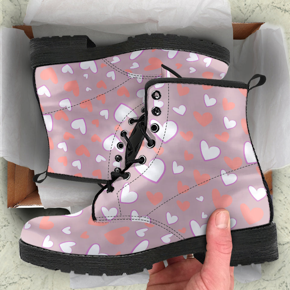 Coral White Heart Pattern Leather Boots