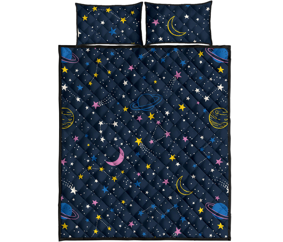 space pattern with planets, comets, constellations and stars Quilt Bed Set