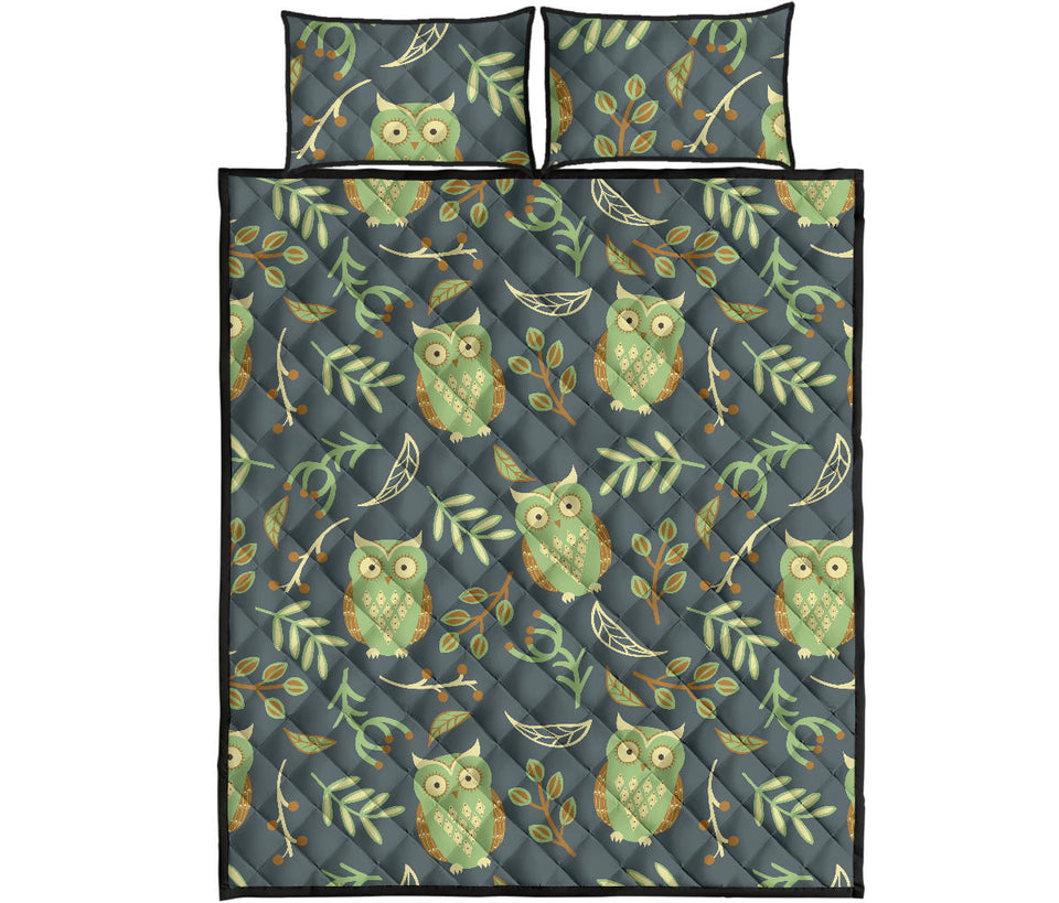 Cute owls leaves pattern Quilt Bed Set