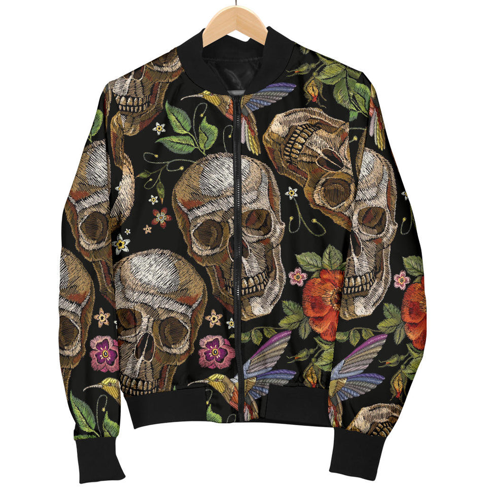 Skull Rose Humming Bird Flower Pattern Men'S Bomber Jacket