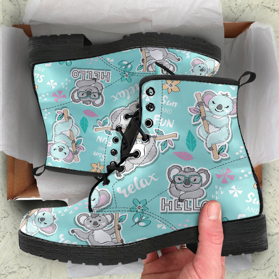 Cute Koalas Blue Background Pattern Leather Boots