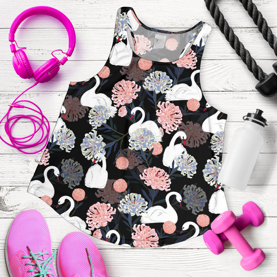 white swan blooming flower pattern Women Racerback Tank Top