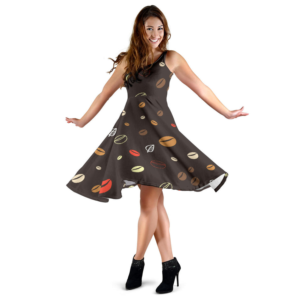 Coffee Bean Leave Pattern Sleeveless Midi Dress