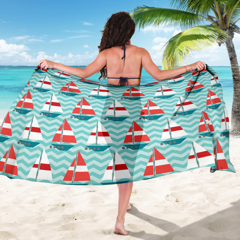 Red White Sailboat Wave Background Sarong
