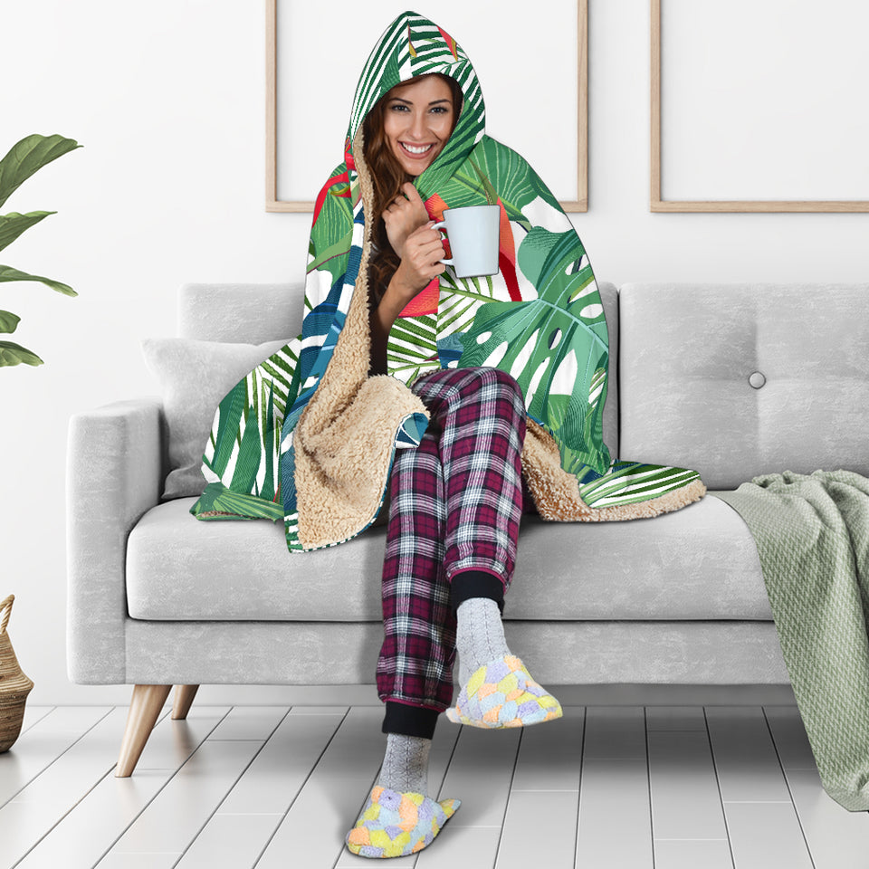 Heliconia Palm And Monstera  Leaves Pattern Hooded Blanket