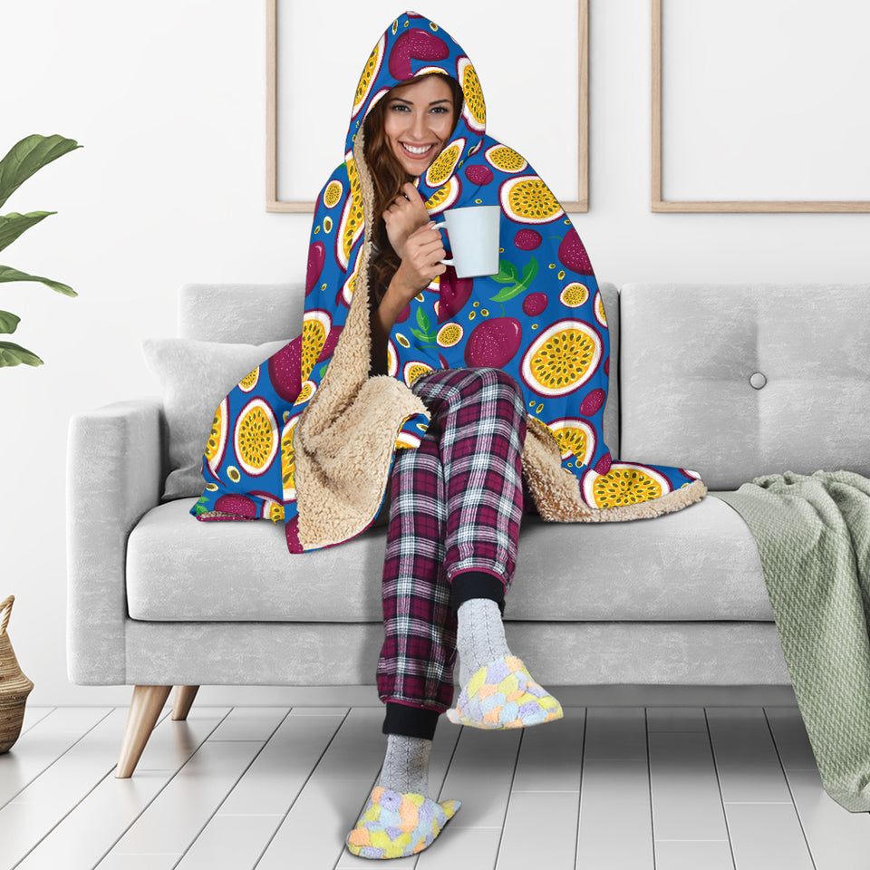 Passion Fruit Blue Background Hooded Blanket
