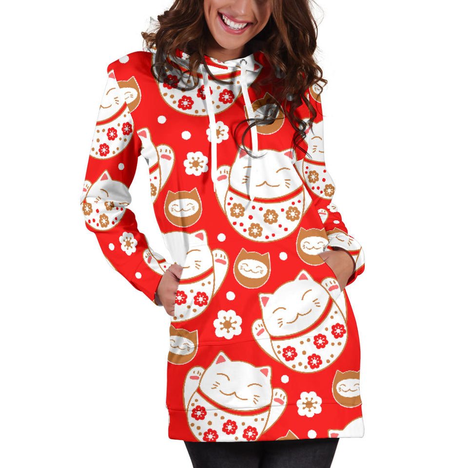 Cute Maneki Neko Lucky Cat Red Background Women'S Hoodie Dress