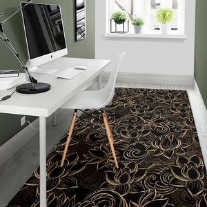 Luxurious Gold Lotus Waterlily Black Background Area Rug