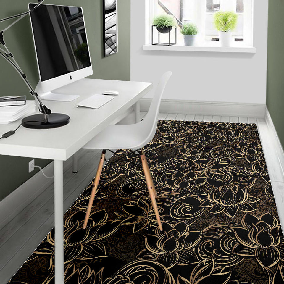Luxurious Gold Lotus Waterlily Black Background Area Rug