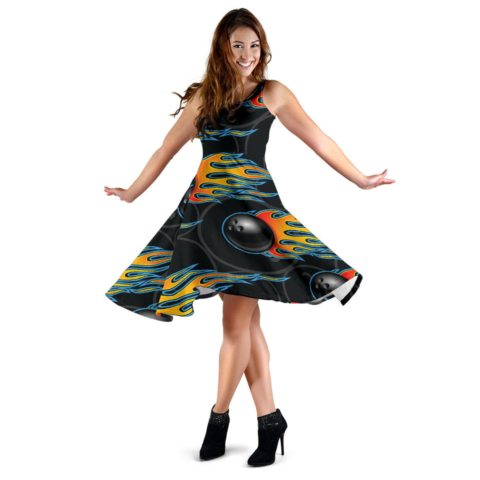 Bowling Balls Flame Pattern Sleeveless Midi Dress