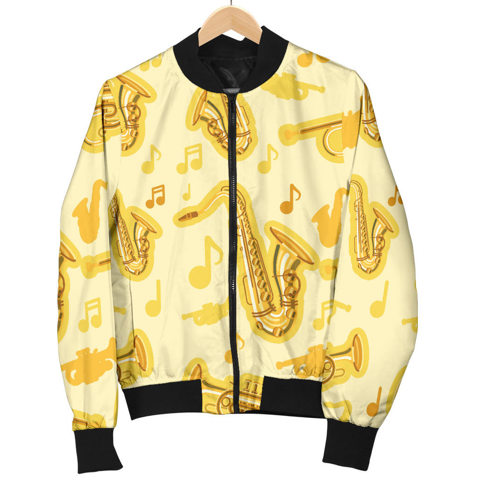 Saxophone Cornet Pattern Yellow Background Men'S Bomber Jacket