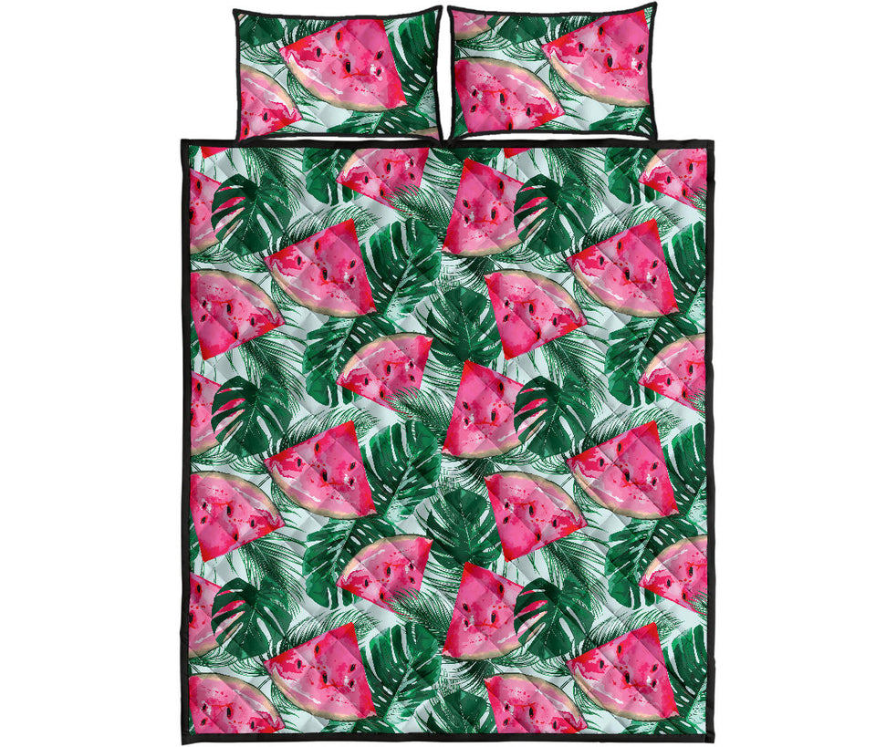 Watermelons tropical palm leaves pattern Quilt Bed Set