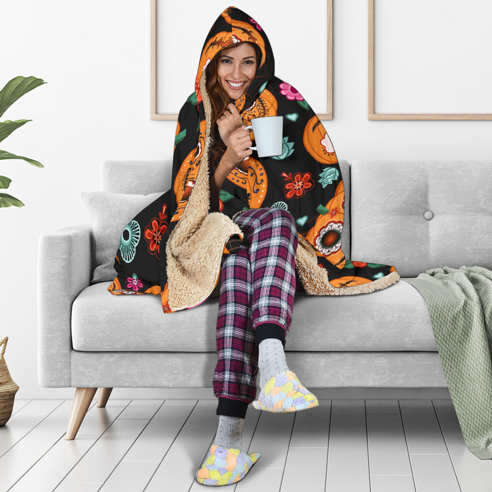 Pumpkin Flowers Spiderweb Halloween Theme Hooded Blanket