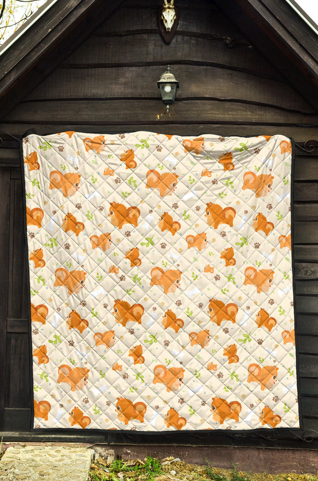 Cute Brown Pomeranian Paw Leave Bone Pattern Premium Quilt
