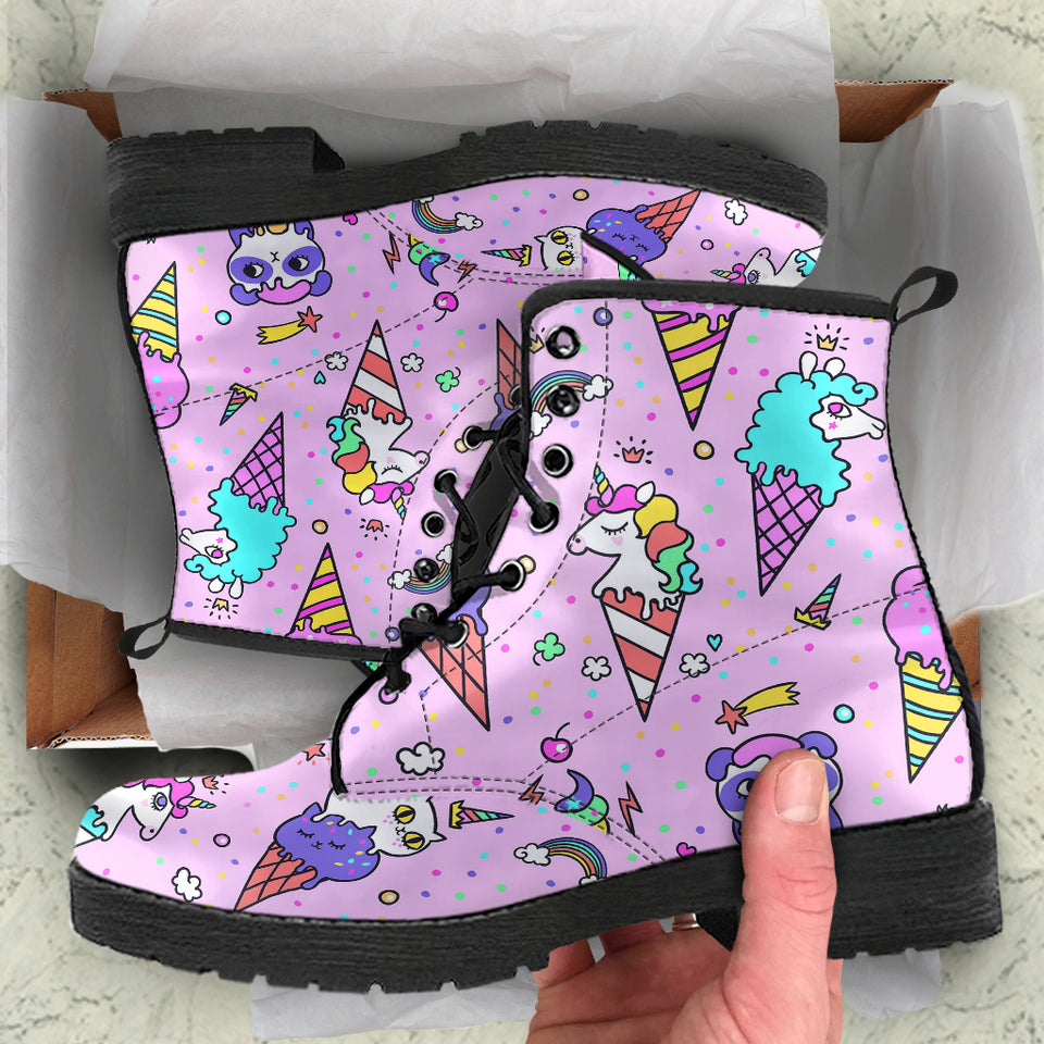 Cute Ice Cream Cone Animal Pattern Leather Boots