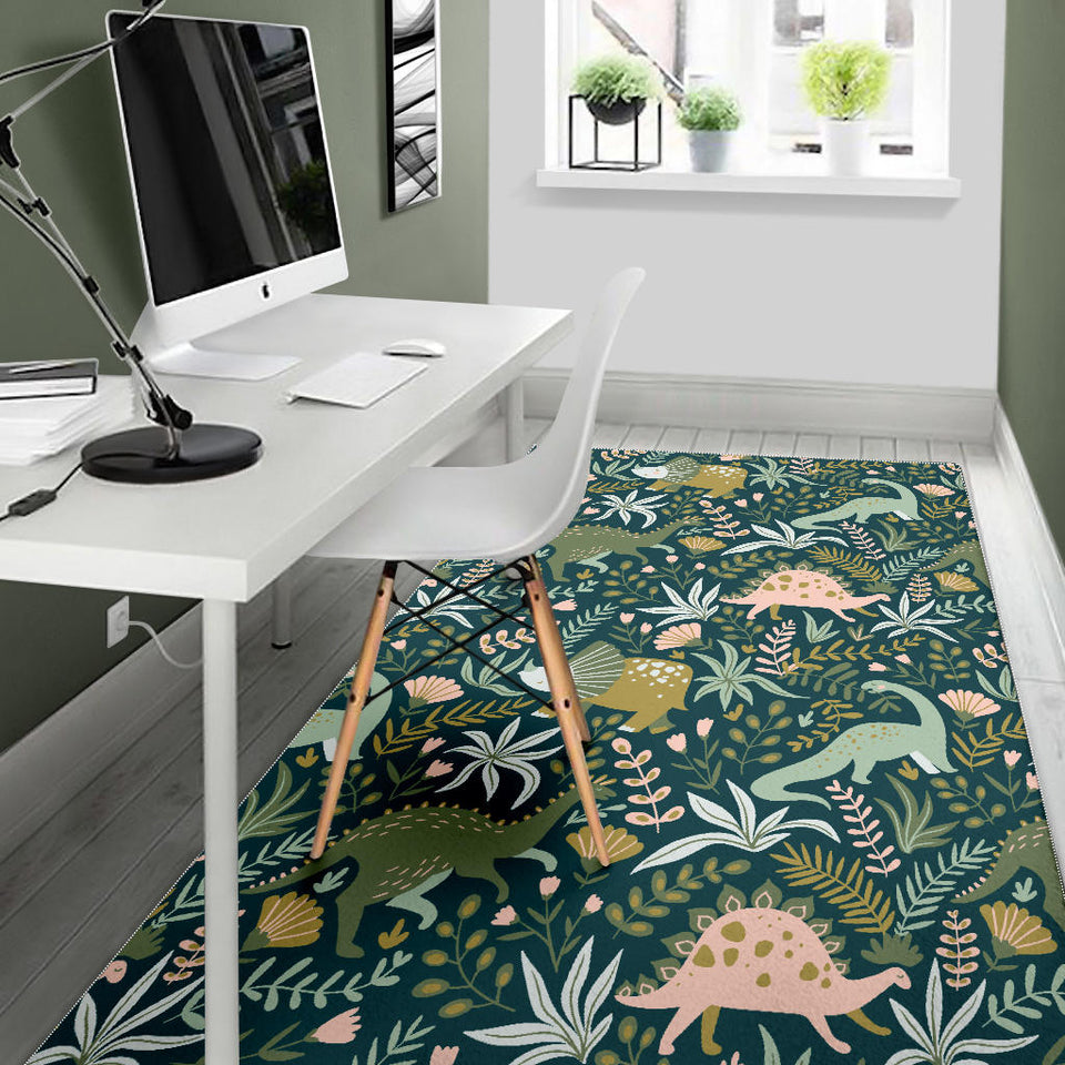 Dinosaurs Tropical Leaves Flower Pattern Area Rug
