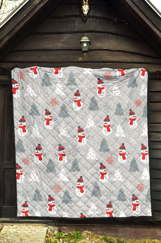 Snowman Christmas  Tree Snow Gray Background Premium Quilt