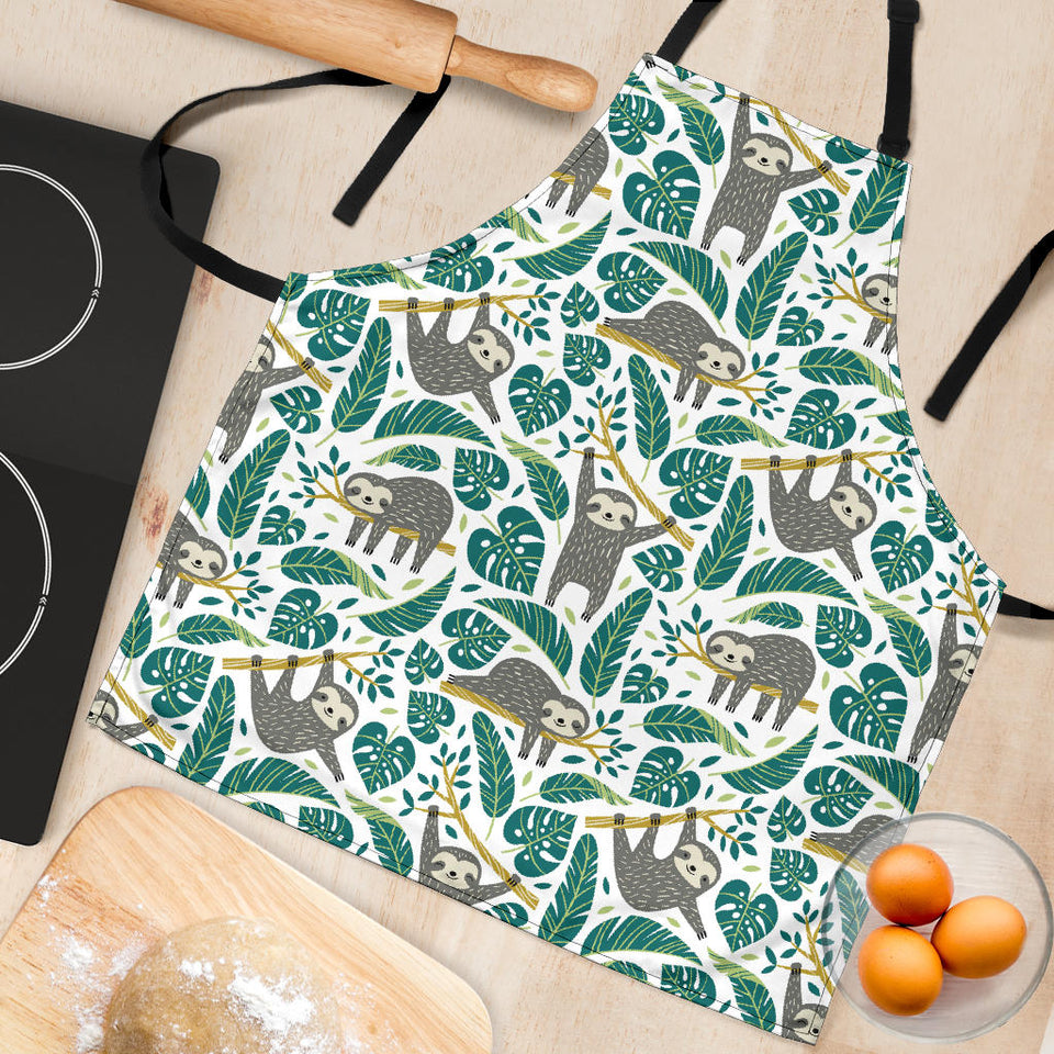 Cute Sloths Tropical Palm Leaves White Background Adjustable Apron