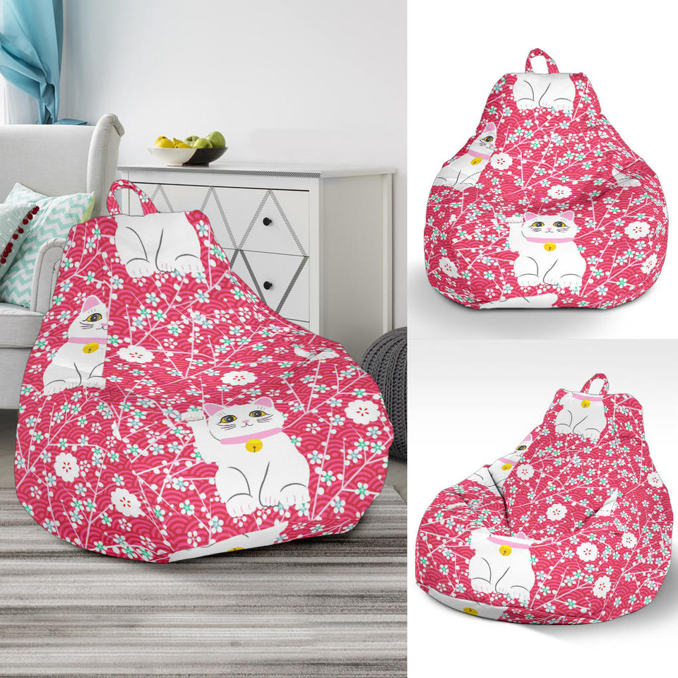 Maneki Neko Lucky Cat Sakura Pink Background Bean Bag Cover