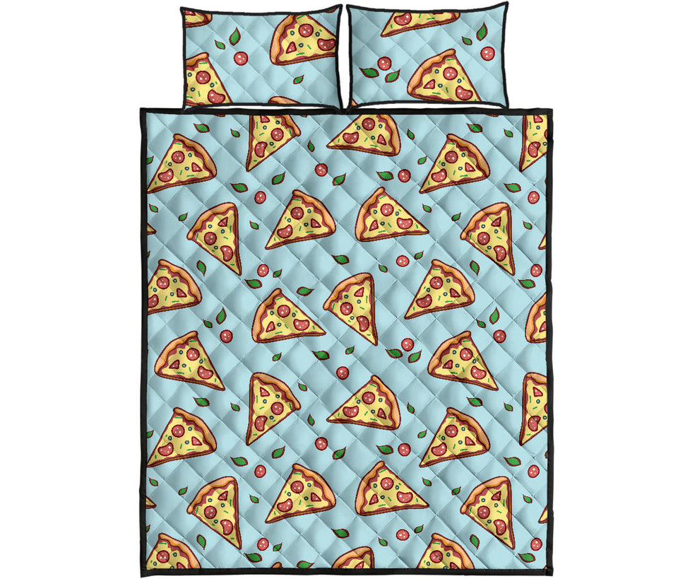 Hand drawn pizza blue background Quilt Bed Set