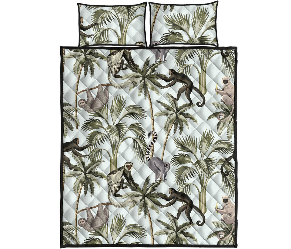 Monkey sloth lemur palm trees pattern Quilt Bed Set
