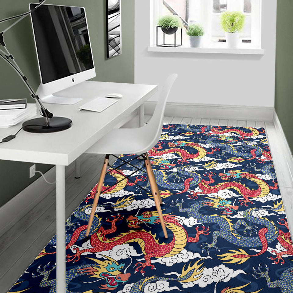 Blue Red Dragon Cloud Pattern Area Rug
