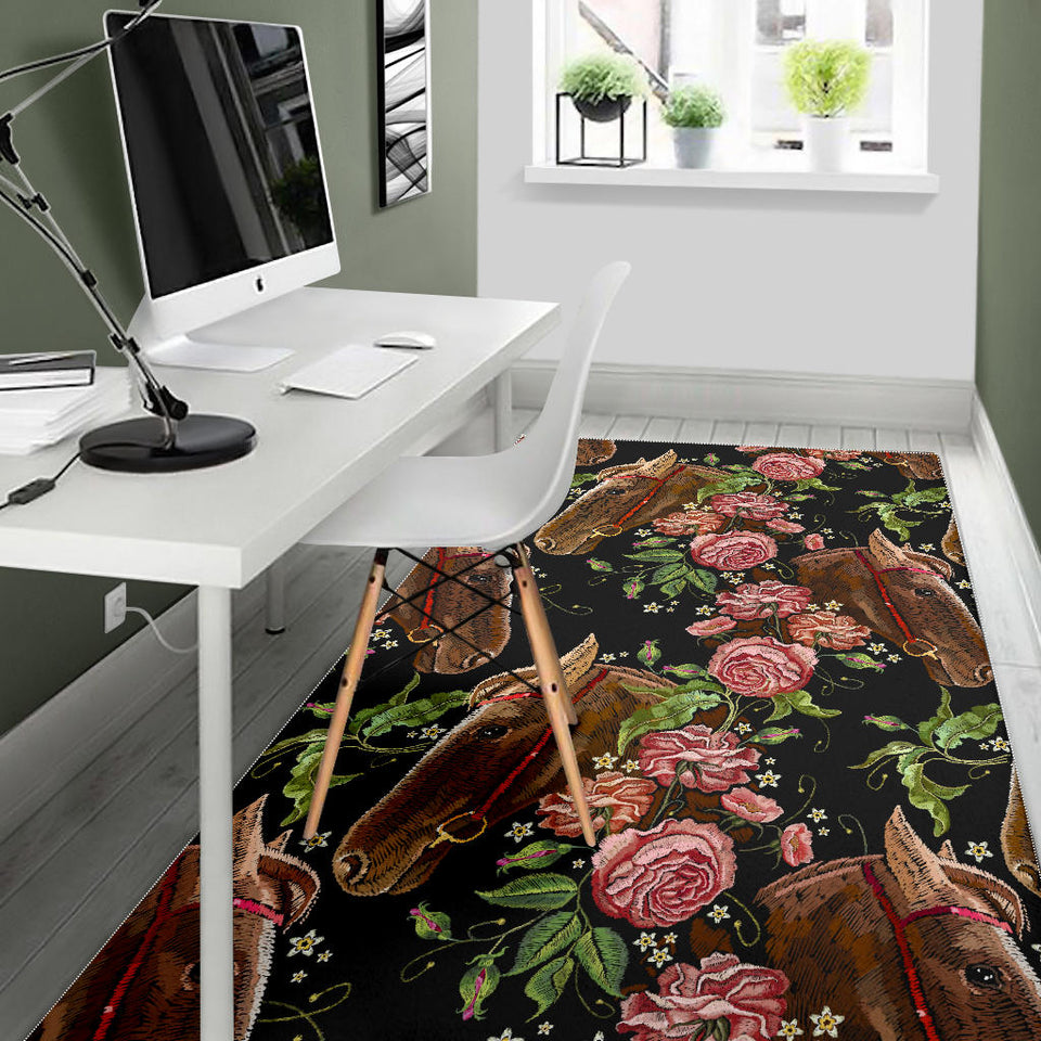 Horse Head Wild Roses Pattern Area Rug