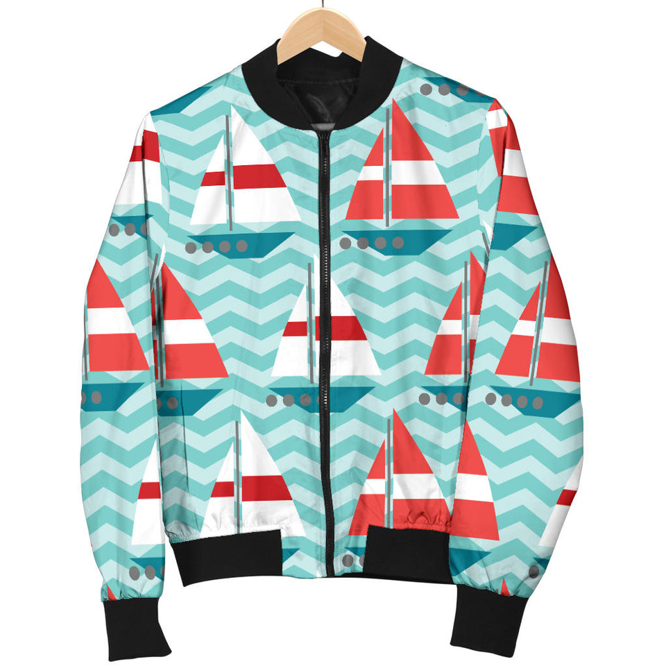 Red White Sailboat Wave Background Men'S Bomber Jacket
