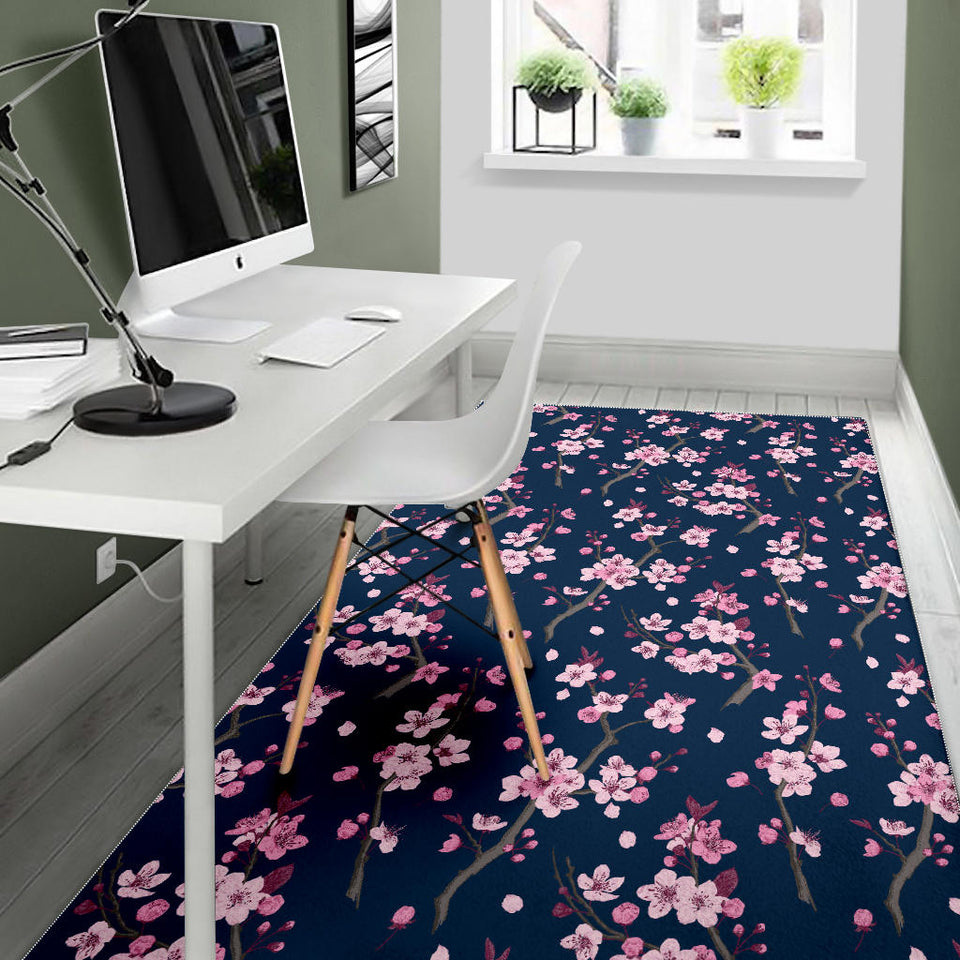 Pink Sakura Cherry Blossom Blue Background Area Rug
