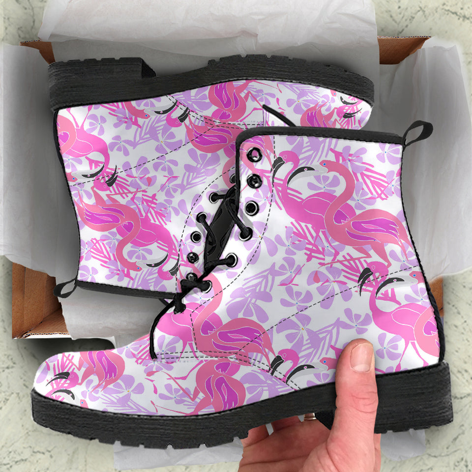 Pink Flamingo Flower Pattern Leather Boots