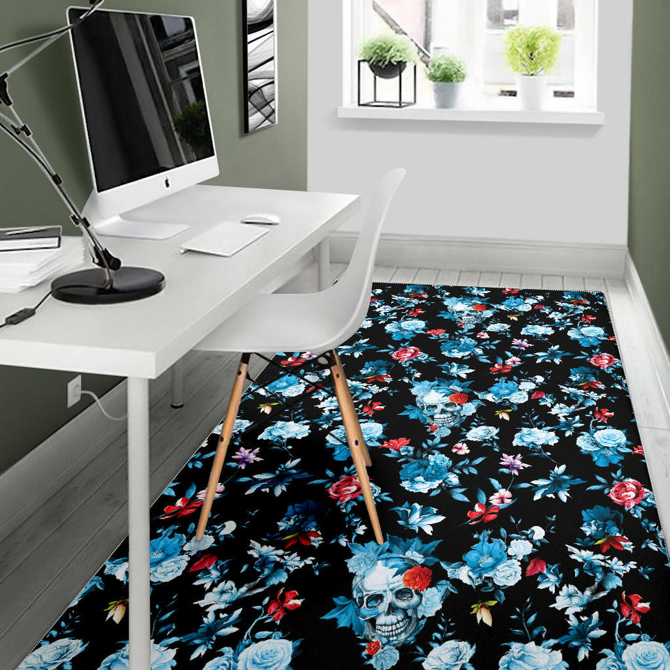 Skull Flower Roses Leave Pattern Area Rug